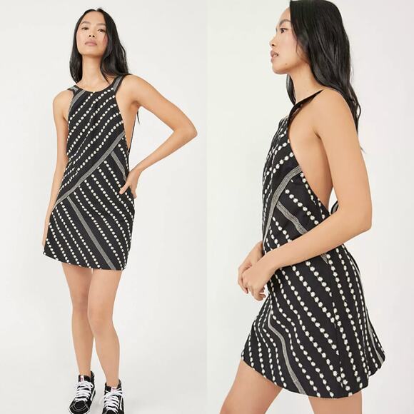 Free People NEW Juni Mini Dress Black Embroidered Striped Cotton Halter Size S - Picture 1 of 16